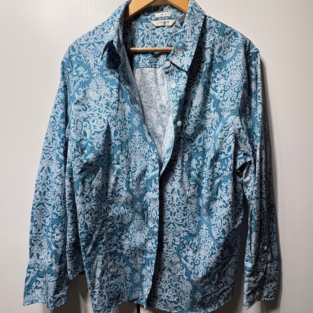 Liz Claiborne New York Care Free Shirt Womens Blue White Damask Scroll Button Up